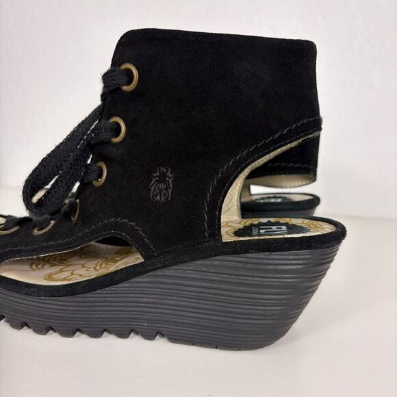 Fly London Black Suede Cutout Side & Open Toe Wedge Sandals Size 10-10.5 - Picture 2 of 12